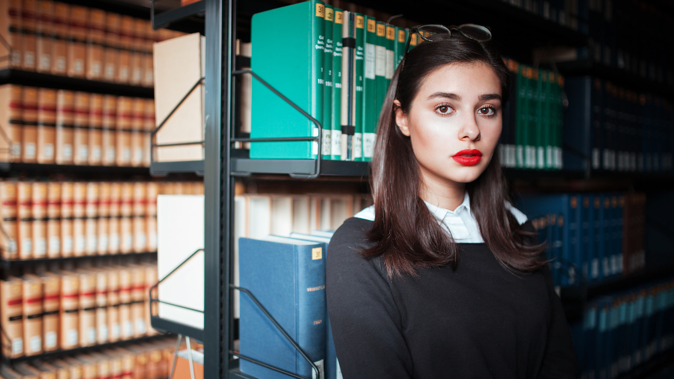 women, portrait, red lipstick, glasses, books