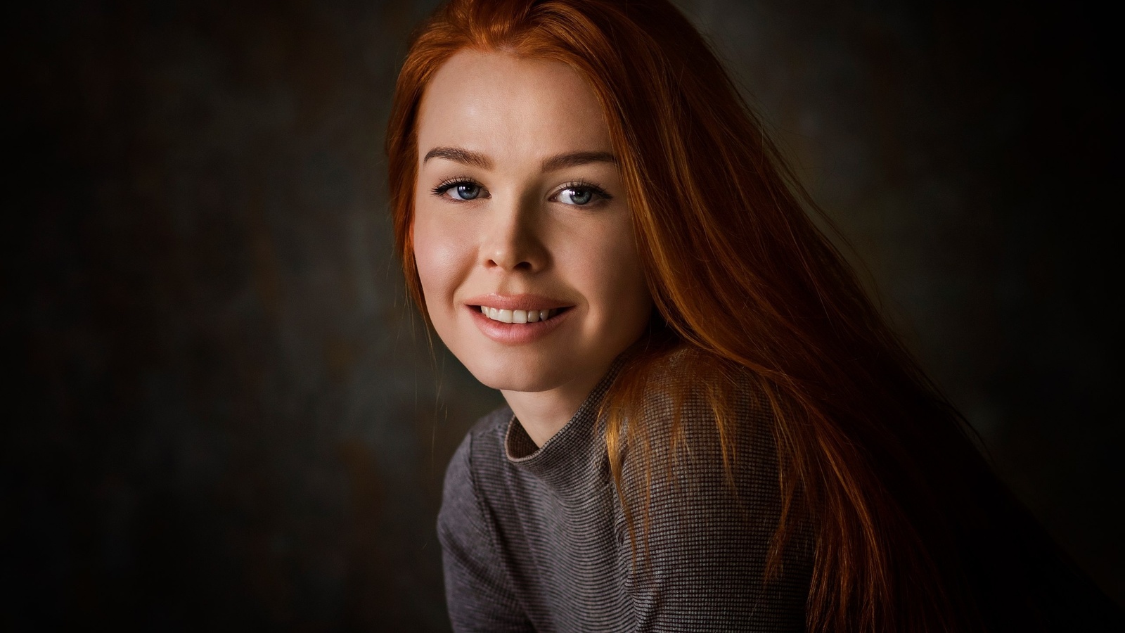 women, redhead, smiling, face, portrait, blue eyes