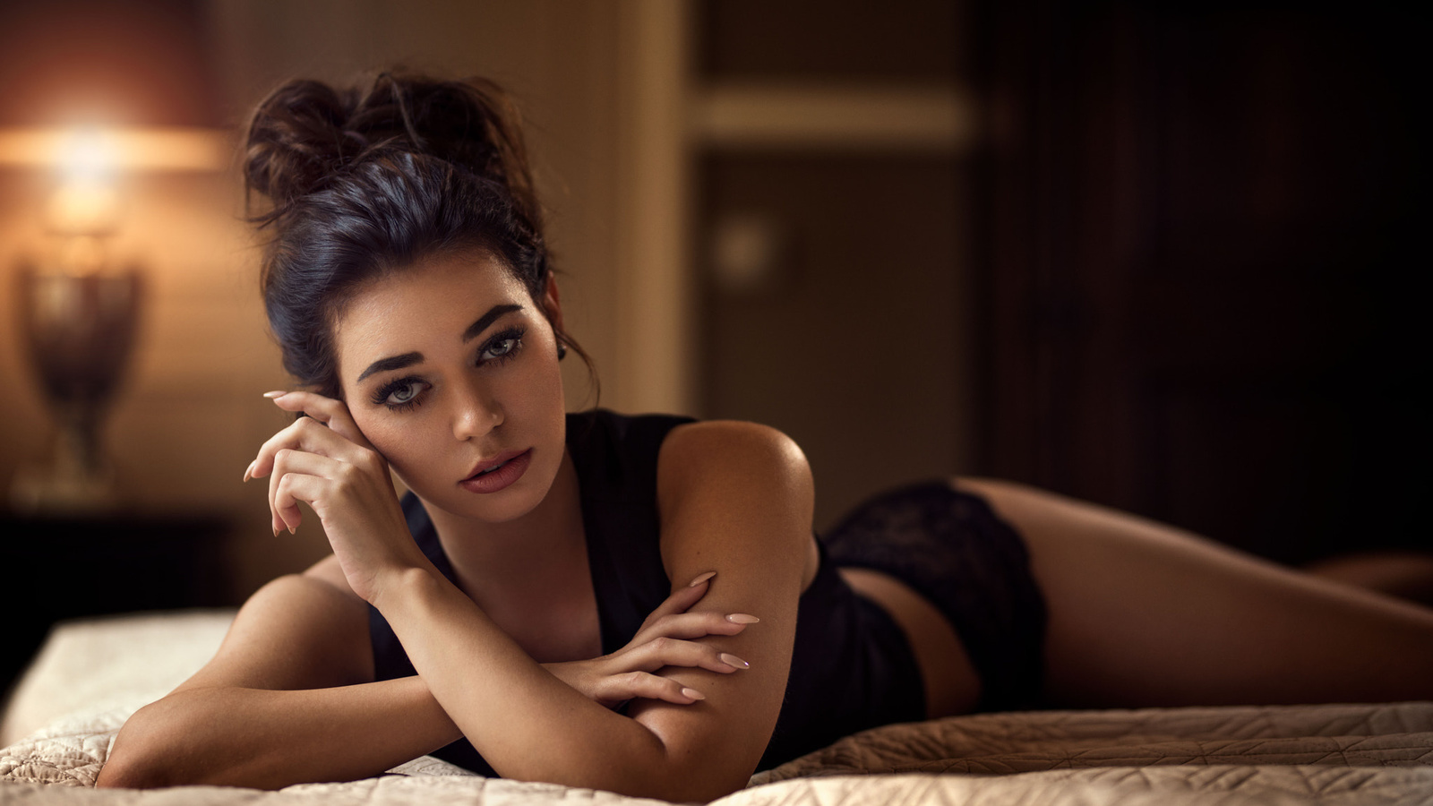 women, tanned, in bed, black lingerie, lying on front, depth of field, , , , ,  , , maarten quaadvliet