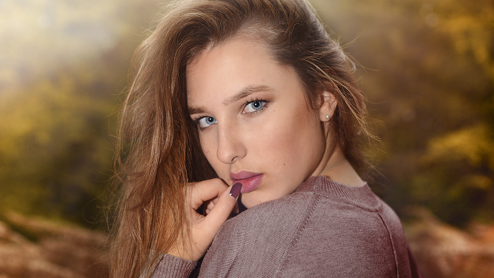 women, blonde, finger on lips, blue eyes, depth of field, portrait, painted nails, , , , , ,  , herve canville