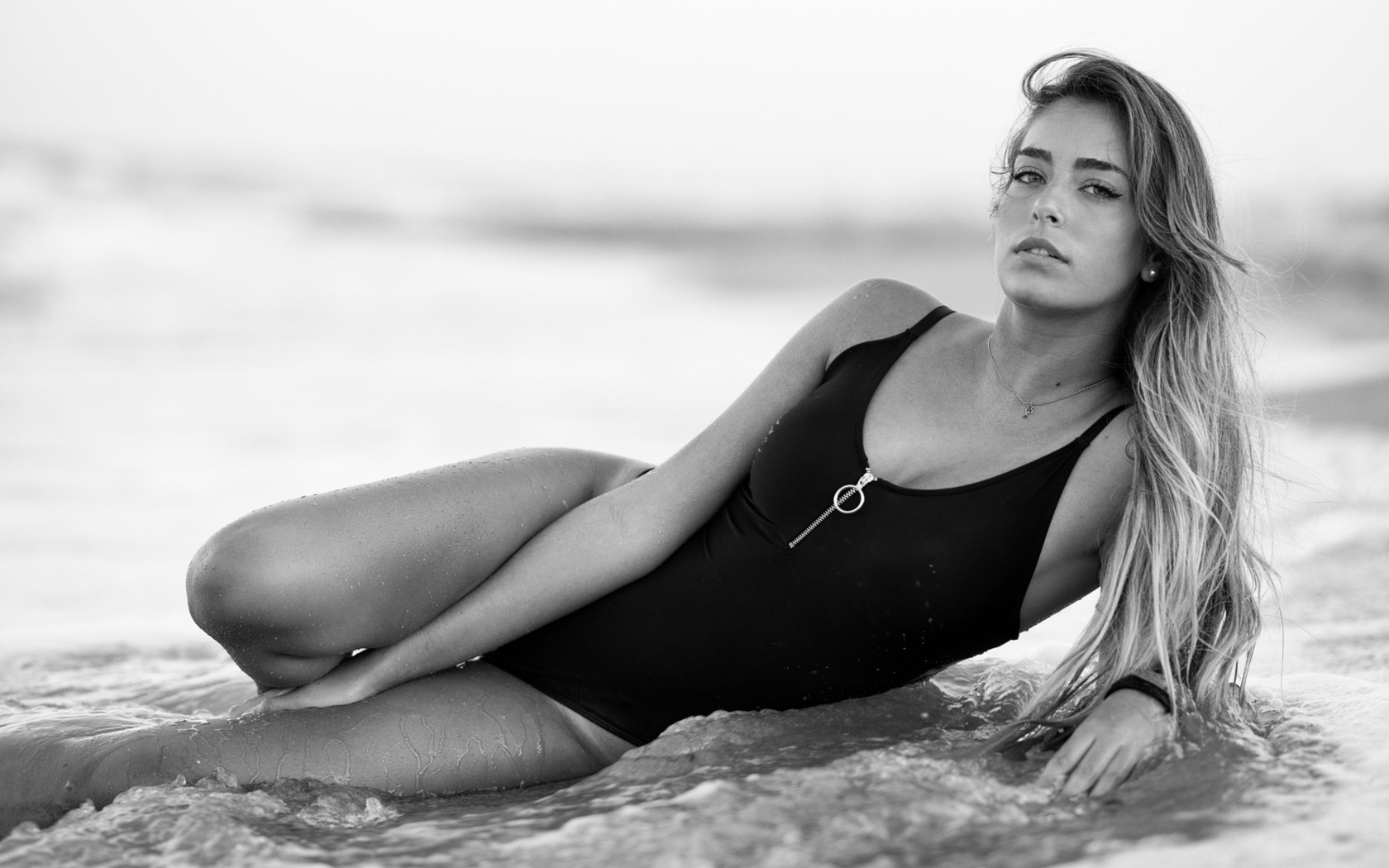 women, monochrome, sea, water drops, depth of field, one-piece swimsuit, necklace, , , , , , , , 