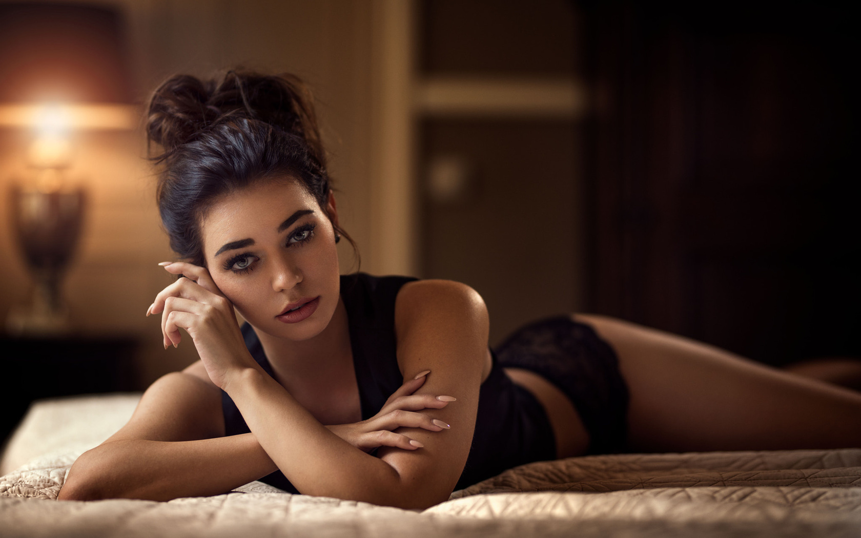 women, tanned, in bed, black lingerie, lying on front, depth of field, , , , ,  , , maarten quaadvliet