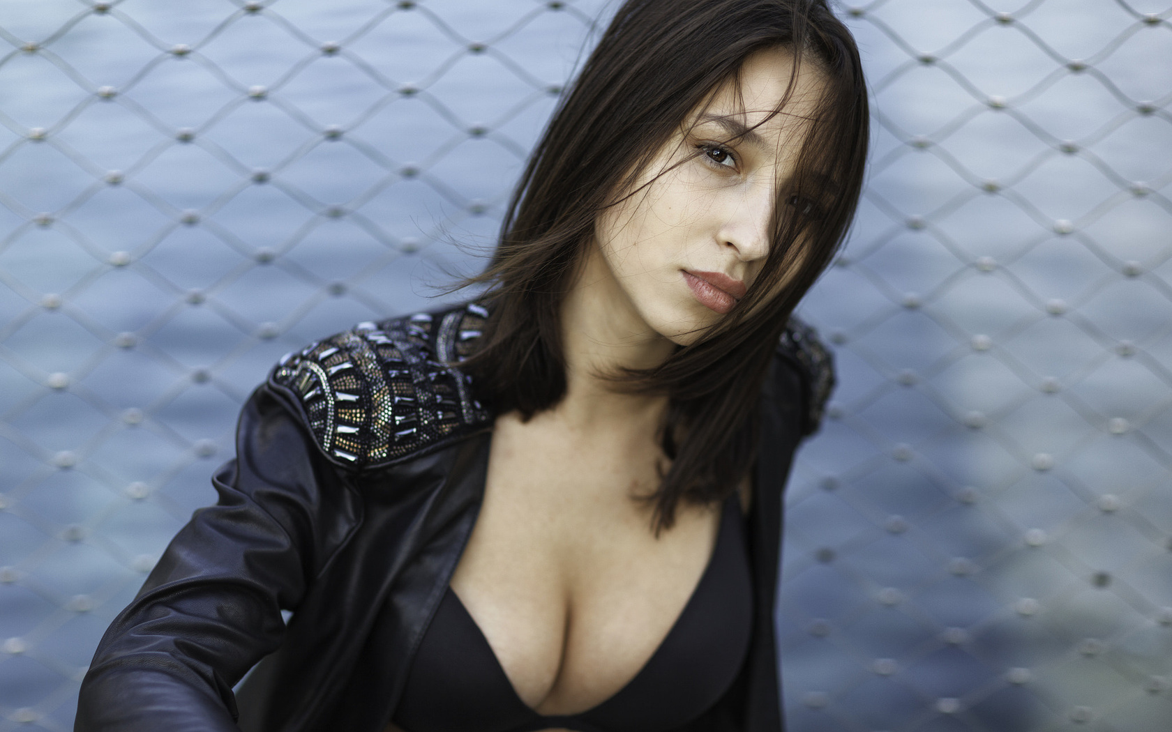 women, portrait, leather jackets, black bras, depth of field, women outdoors, brunette, roman strazanec, , 