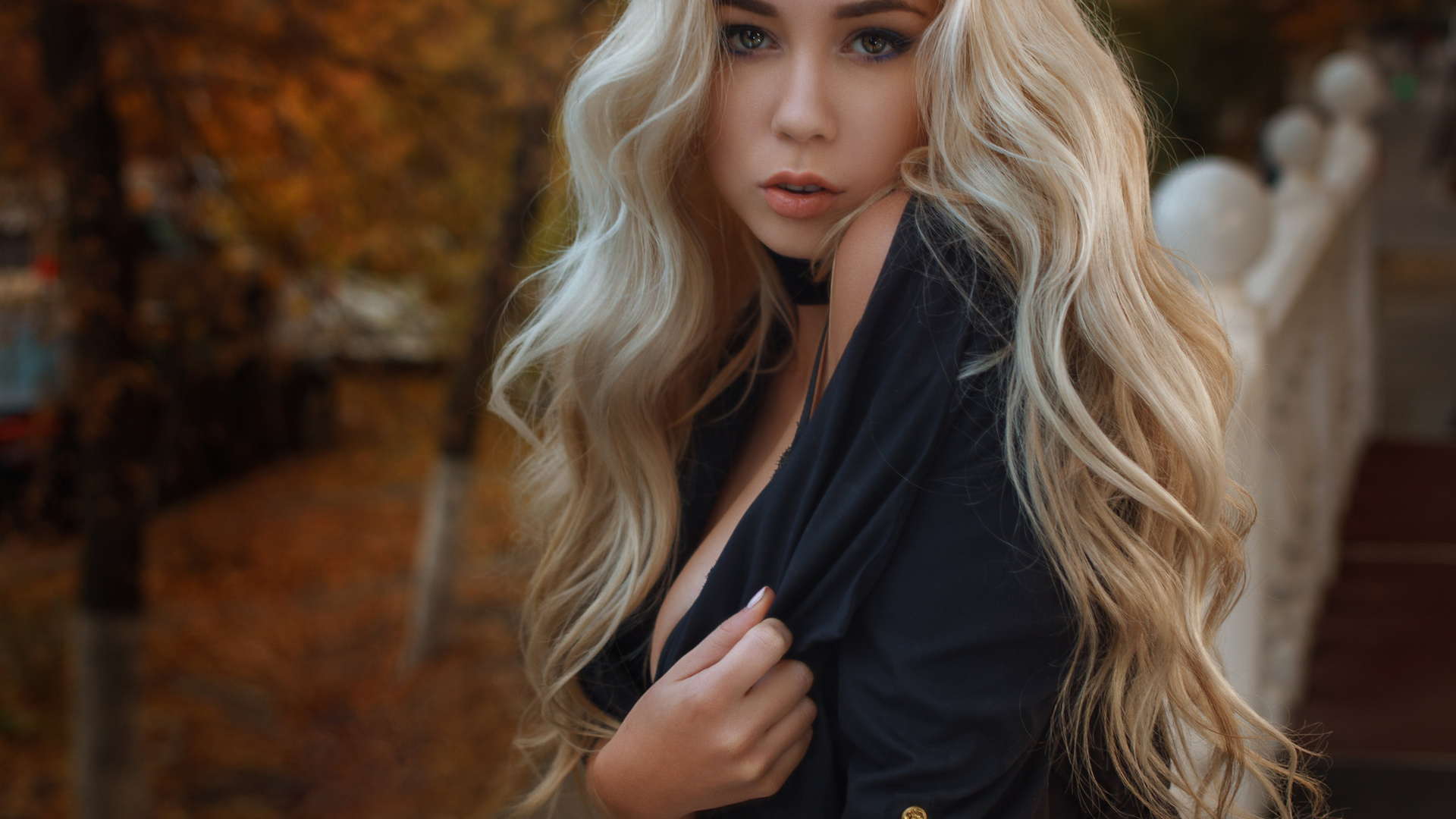 women, blonde, depth of field, portrait, long hair, alexander drobkov