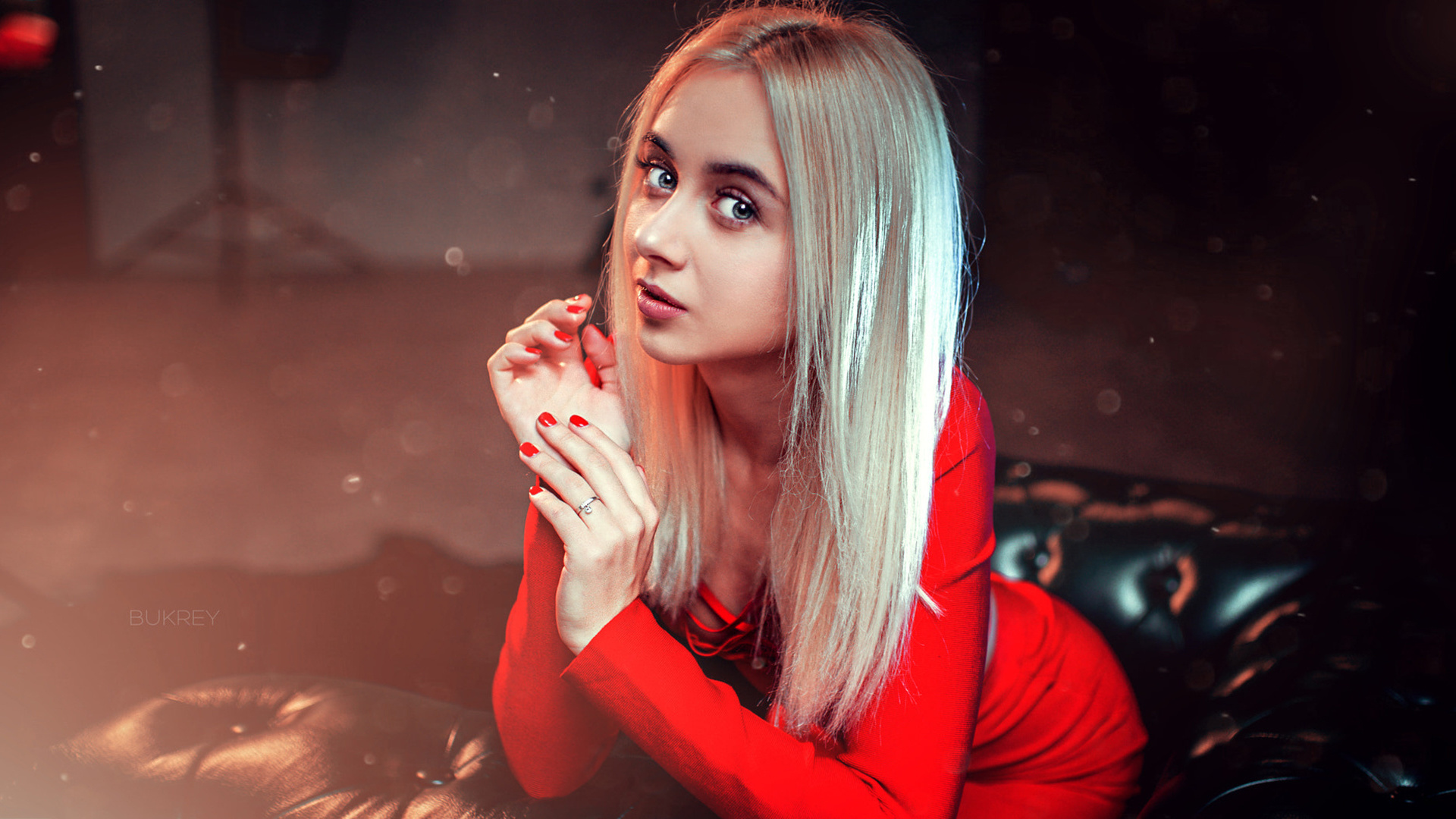 women, blonde, red nails, portrait, red dress