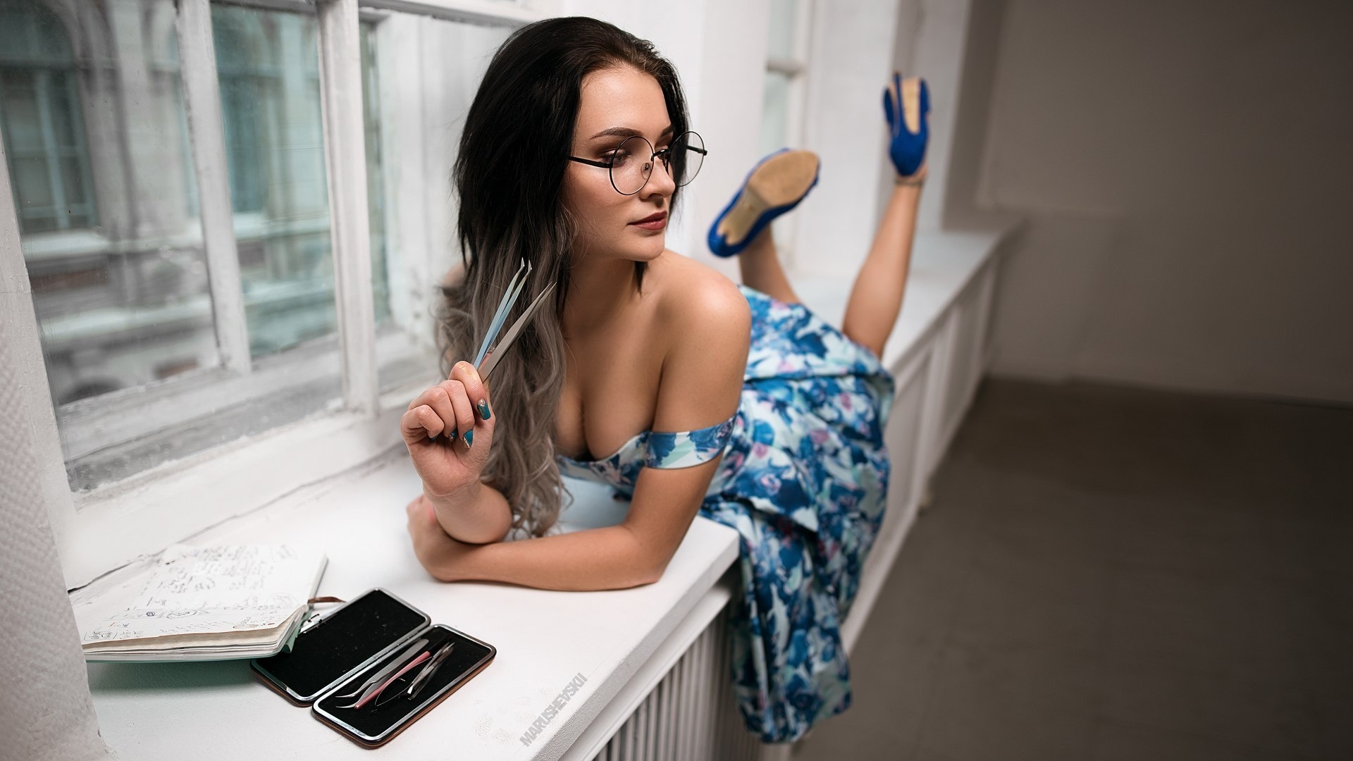 women, dress, tanned, lying on front, women with glasses, window sill, looking away, high heels, painted nails, boobs, depth of field, , , , , , , , , , , , , igor marushevskii