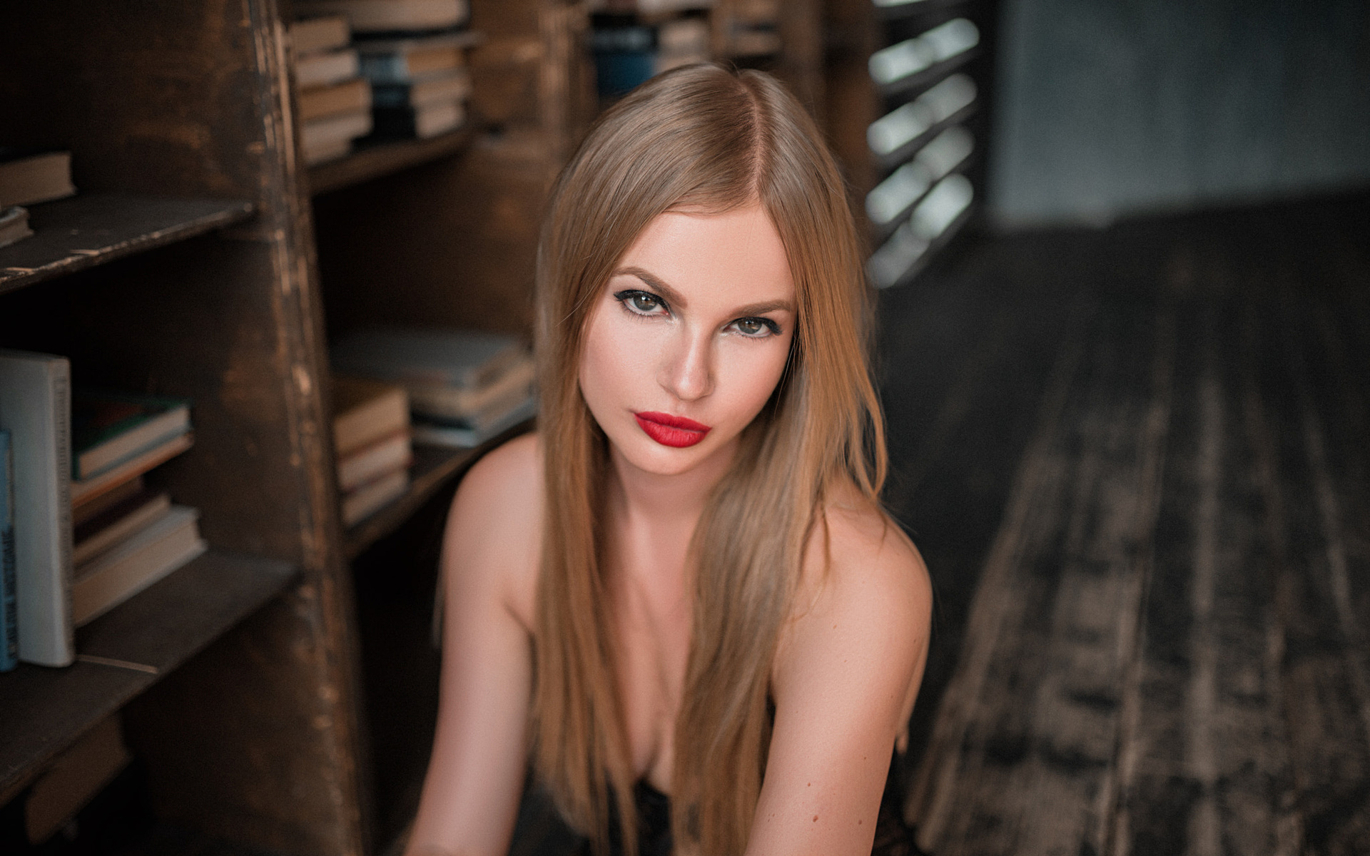 women, blonde, red lipstick, portrait, depth of field, , max pyzhik