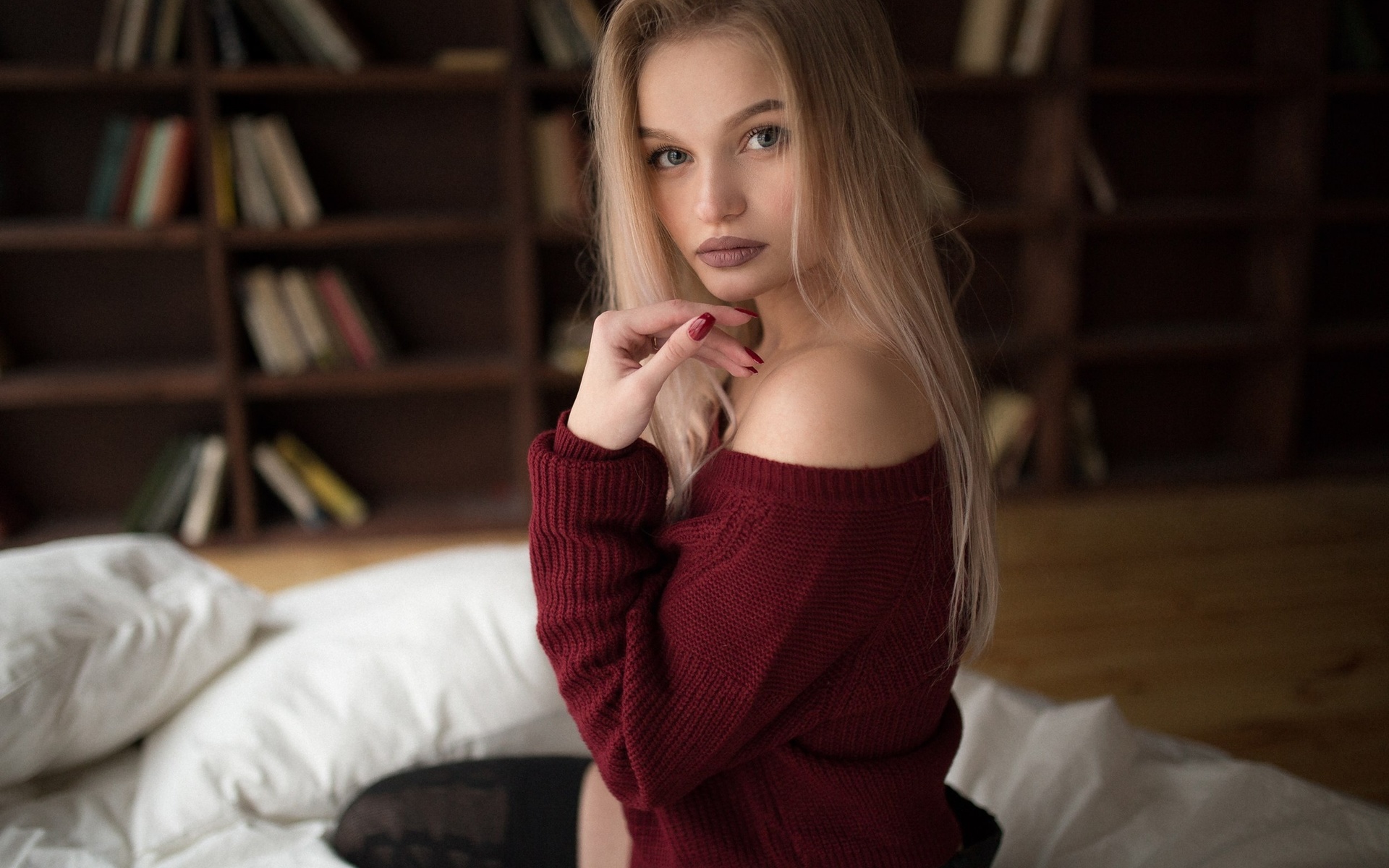 women, blonde, red nails, portrait, kneeling, depth of field, books, pillow, , , 