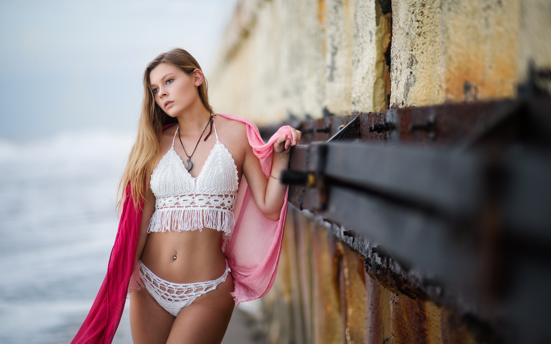 women, tanned, blonde, white bikini, belly, pierced navel, portrait, looking away, depth of field, women outdoors