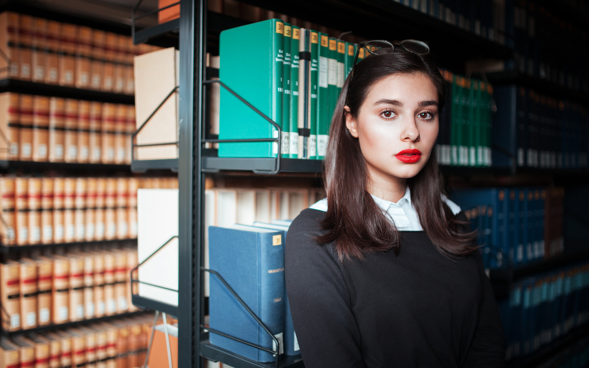 women, portrait, red lipstick, glasses, books