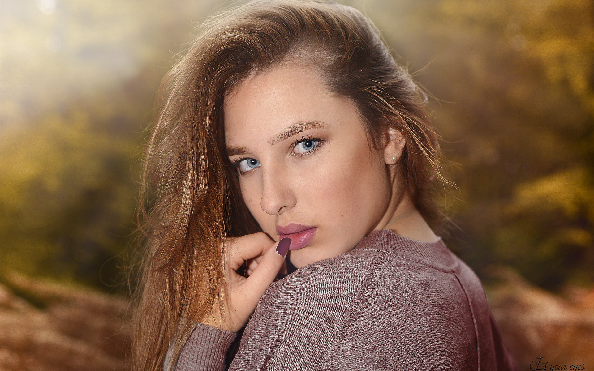 women, blonde, finger on lips, blue eyes, depth of field, portrait, painted nails, , , , , ,  , herve canville