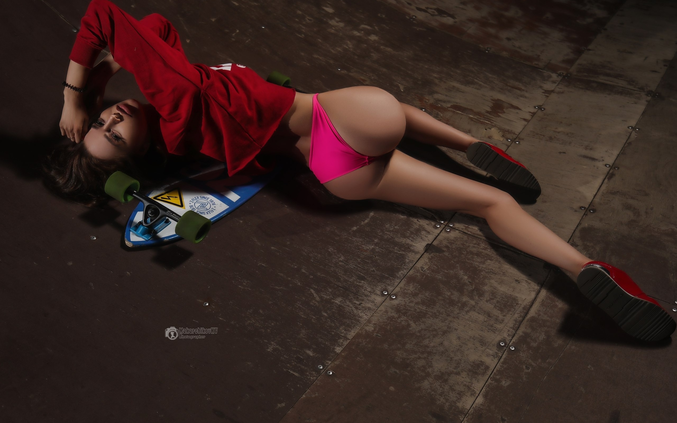 women, skateboard, pink panties, ass, tanned, on the floor, sneakers, looking at viewer, , konstantin makarchikov