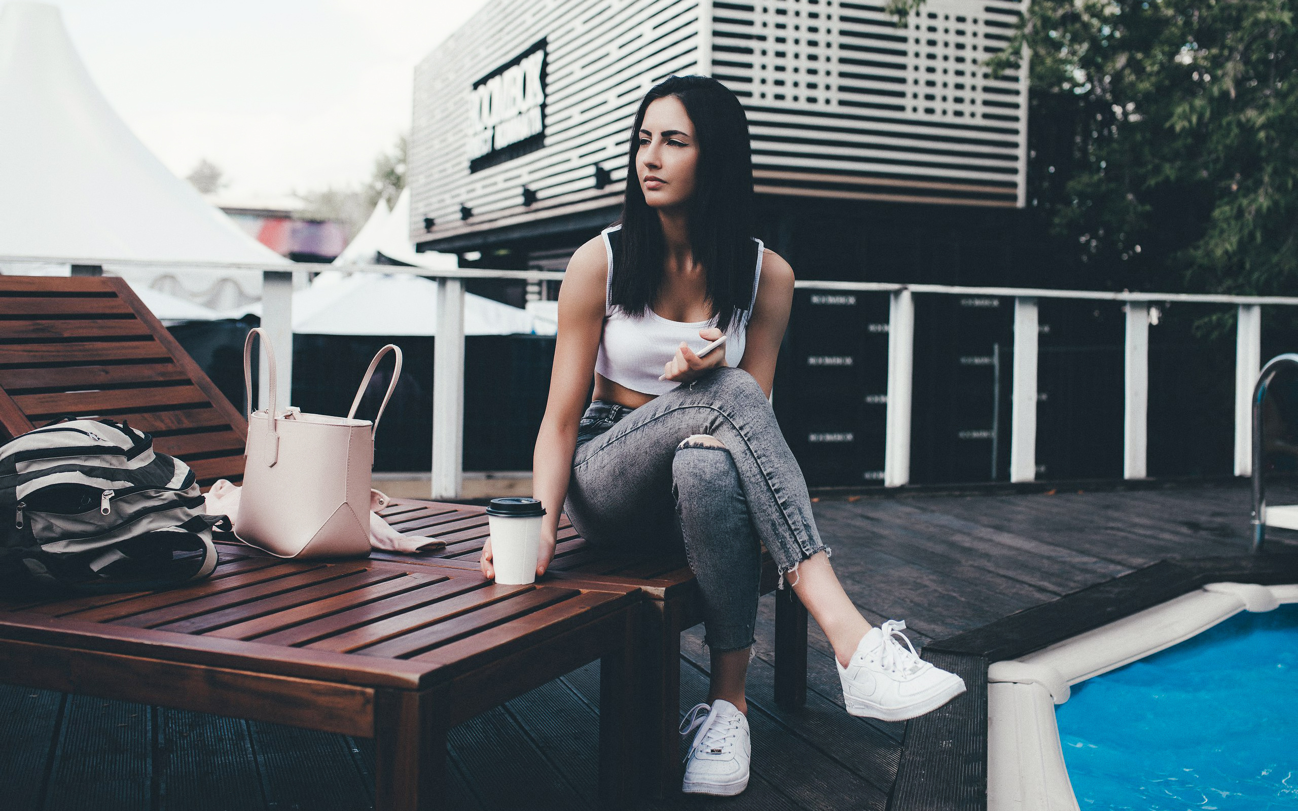 women, sitting, portrait, jeans, sneakers, looking away, swimming pool, women outdoors