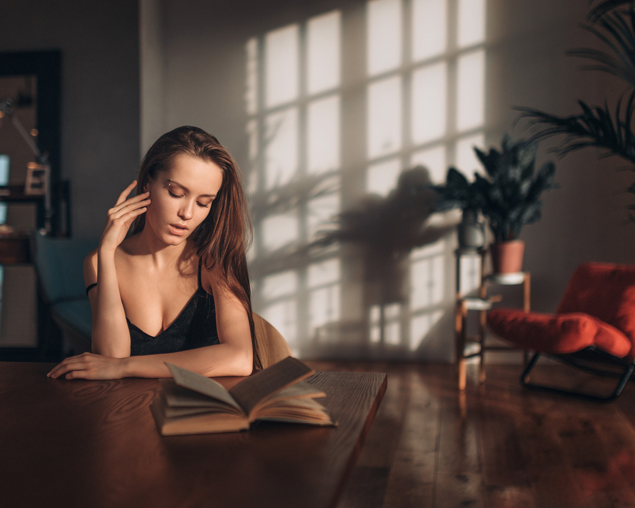 women, fenix raya, portrait, books, piercing, depth of field, table, chair, sitting, mirror, , phoenix21rus