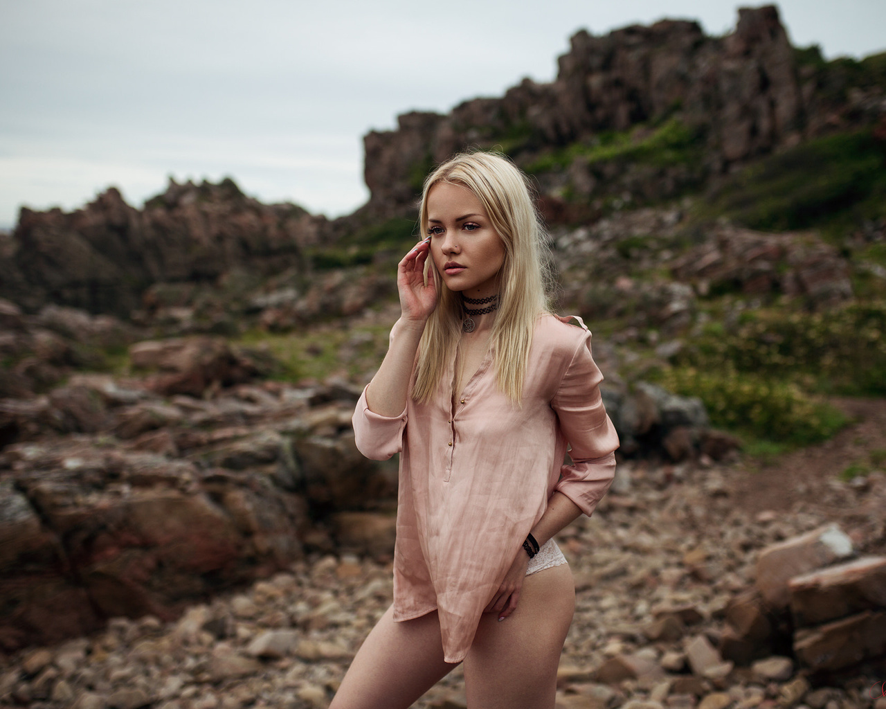 alicja sedzielewska, women, blonde, white panties, women outdoors, choker, brunette, depth of field, portrait