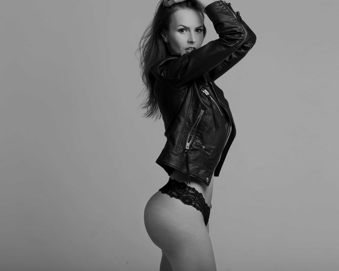 women, monochrome, ass, leather jackets, portrait, black panties