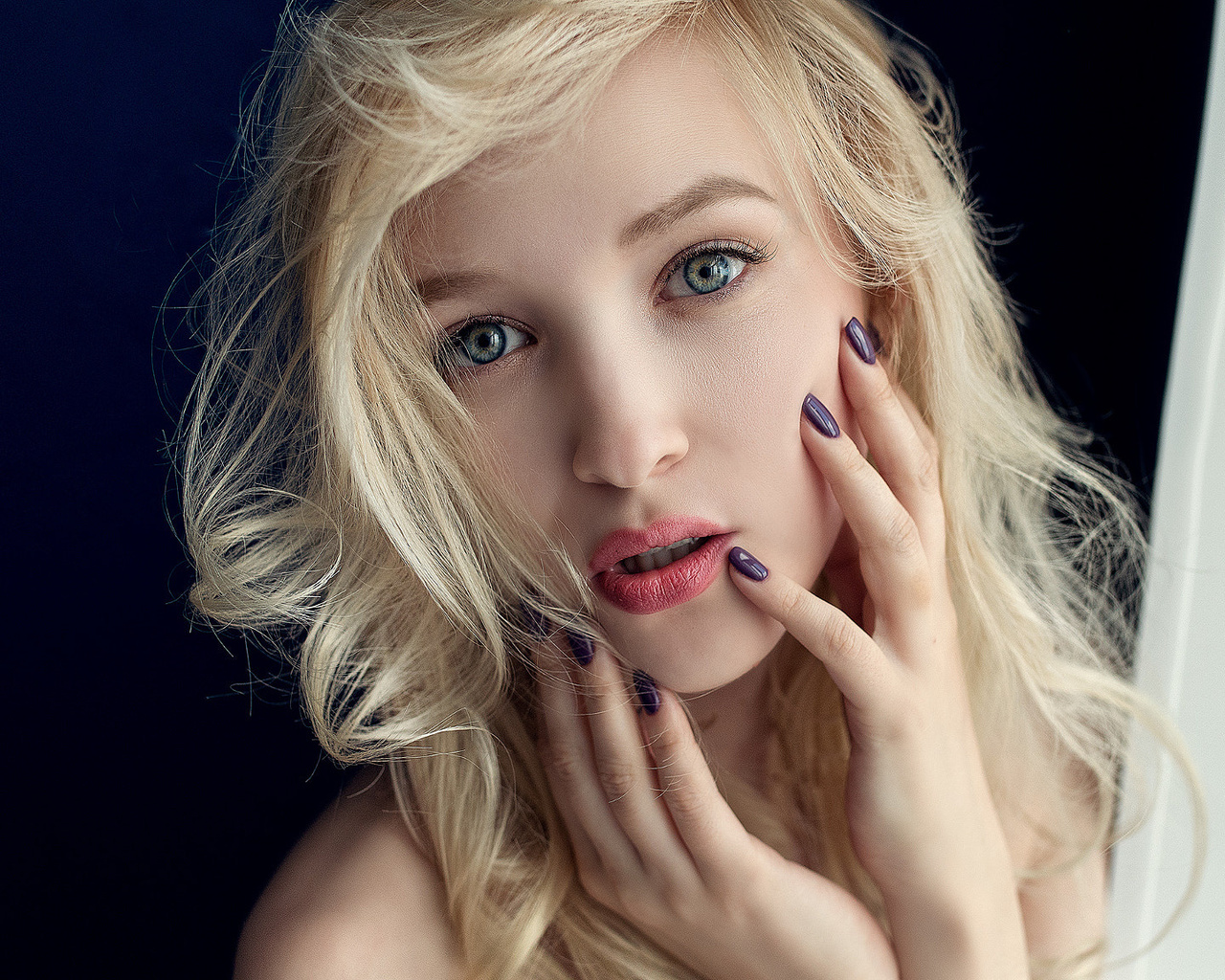 women, blonde, portrait, face, painted nails