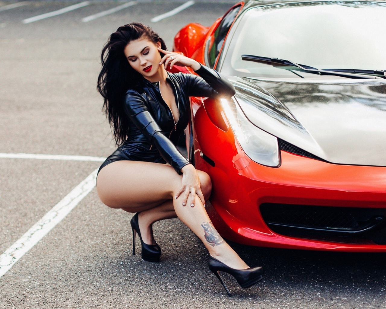 women, squatting, ass, tanned, high heels, red lipstick, black latex, tattoo, car, women outdoors, , latex, ferrari