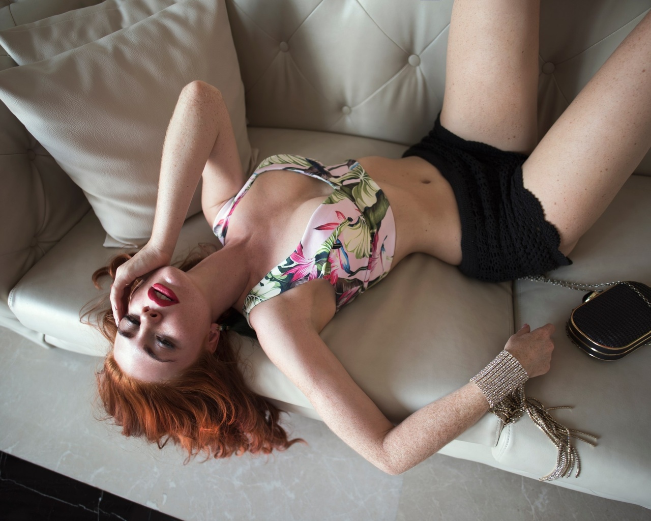 women, redhead, brunette, couch, belly, lying on back, 