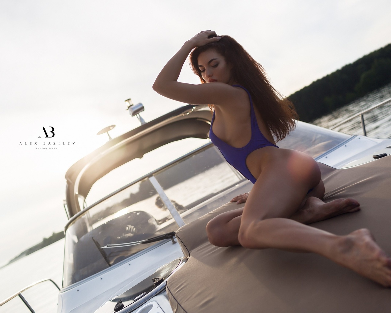 women, alex bazilev, tanned, ass, yachts, sideboob, women outdoors, sitting, one-piece swimsuit