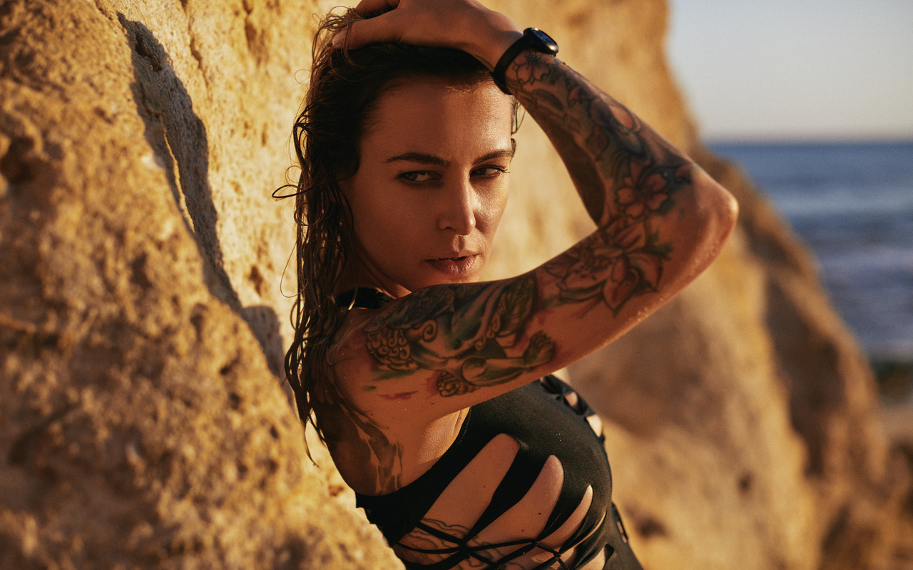 women, tattoo, portrait, sea, wet hair, looking away, one-piece swimsuit, depth of field, women outdoors, tanned