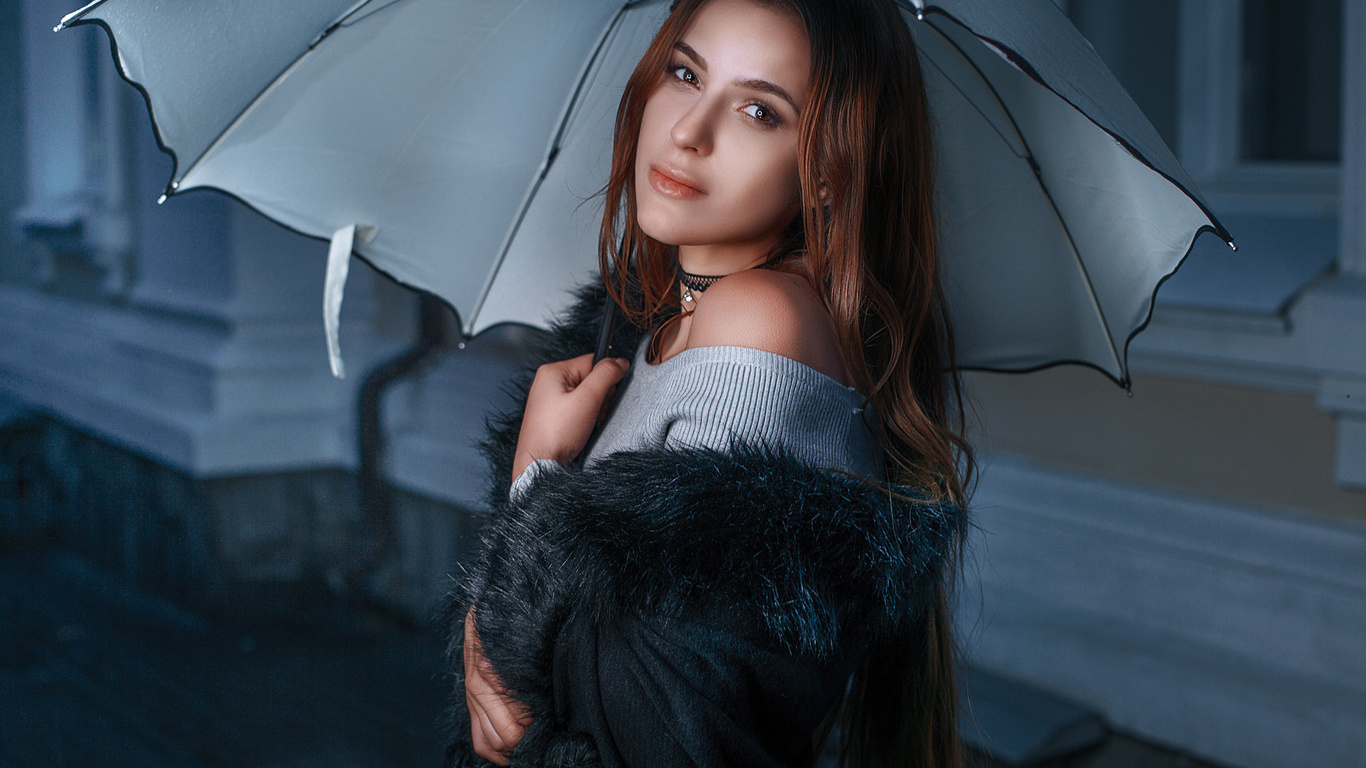 women, umbrella, portrait, long hair, choker, fur, 