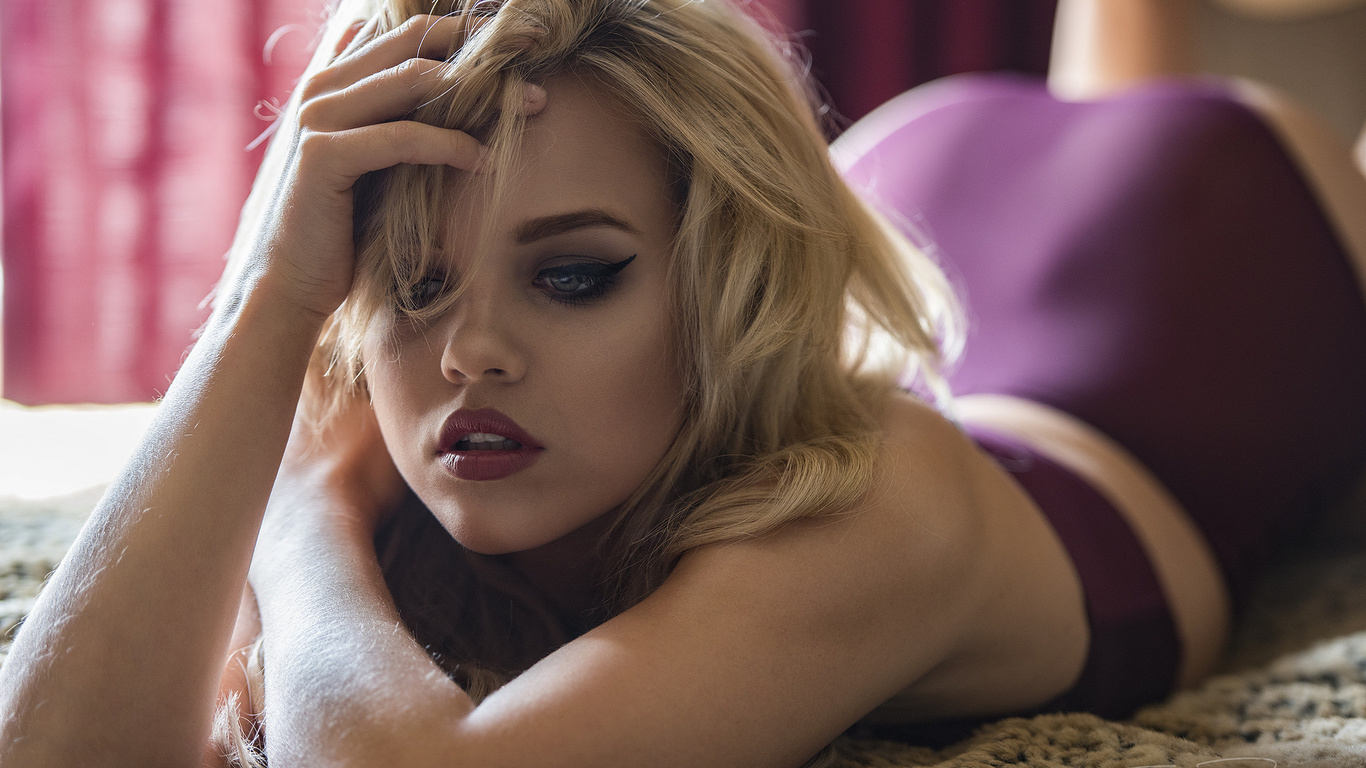 women, jack russell, blonde, brunette, bottom up, ass, in bed, lying on front, lingerie, eyeliner, depth of field