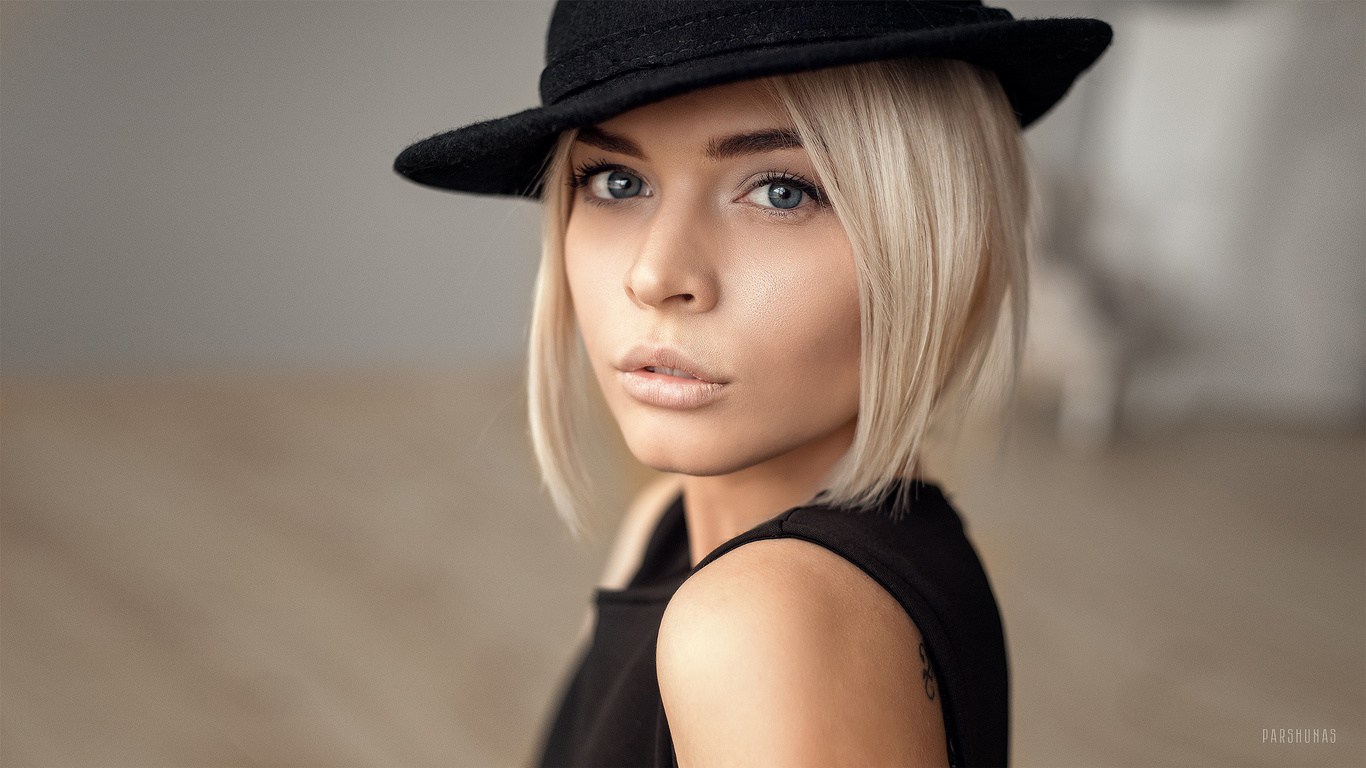 women, blonde, hat, tattoo, face, portrait