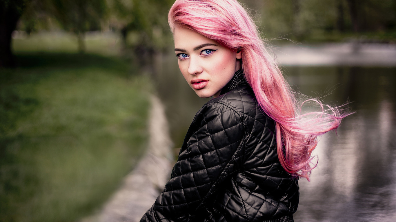 women, pink hair, portrait, leather jackets, blue eyes, depth of field, women outdoors