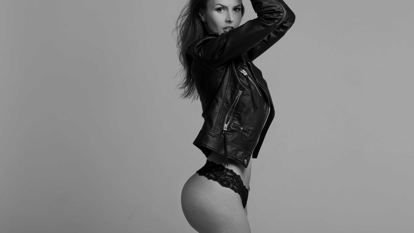 women, monochrome, ass, leather jackets, portrait, black panties