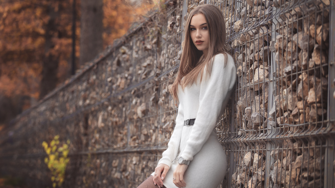 women, white dress, portrait, depth of field, women outdoors, fishnet stockings