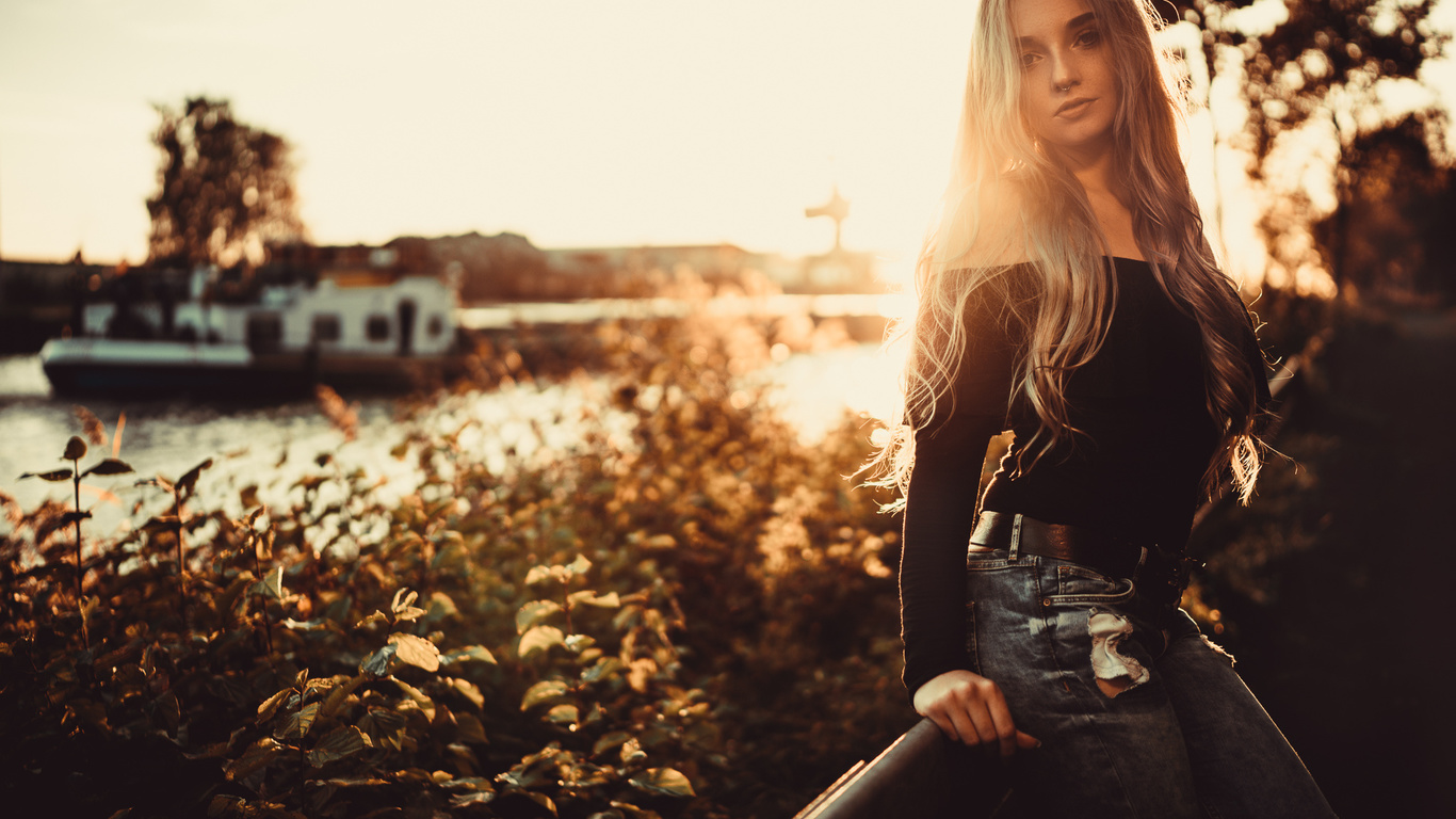 women, blonde, portrait, nose rings, torn jeans, depth of field, women outdoors, andreas-joachim lins, long hair