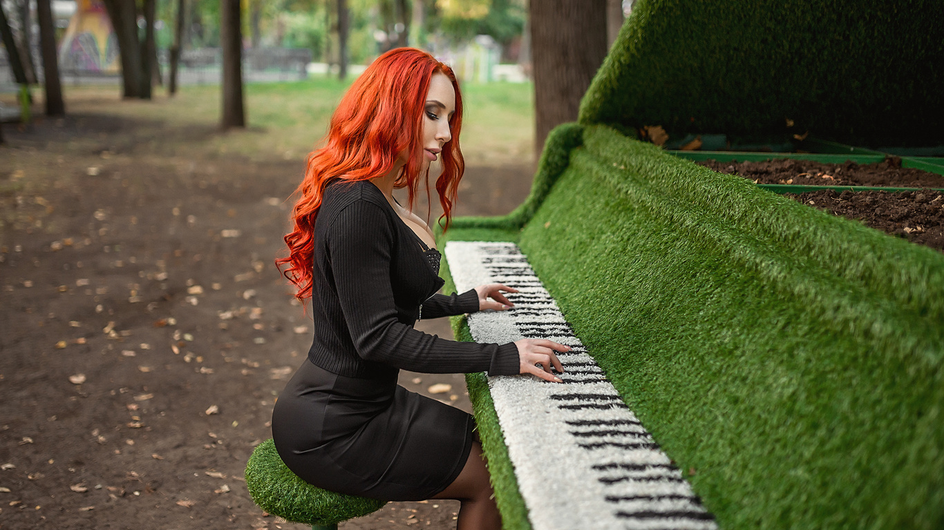 women, redhead, black clothing, trees, sitting, brunette, skirt, depth of field, women outdoors, piano, tattoo