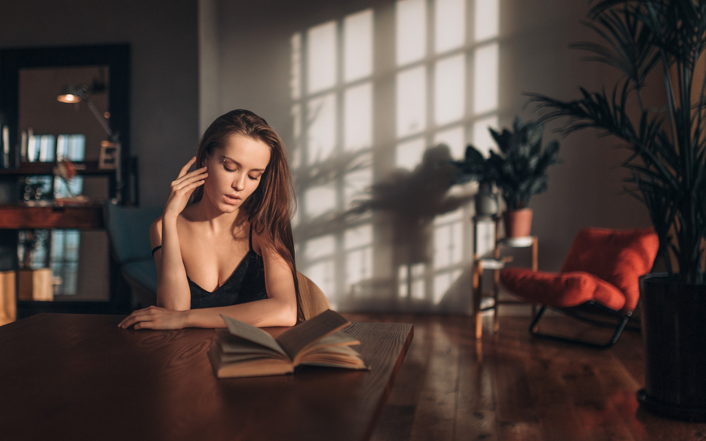 women, fenix raya, portrait, books, piercing, depth of field, table, chair, sitting, mirror, , phoenix21rus