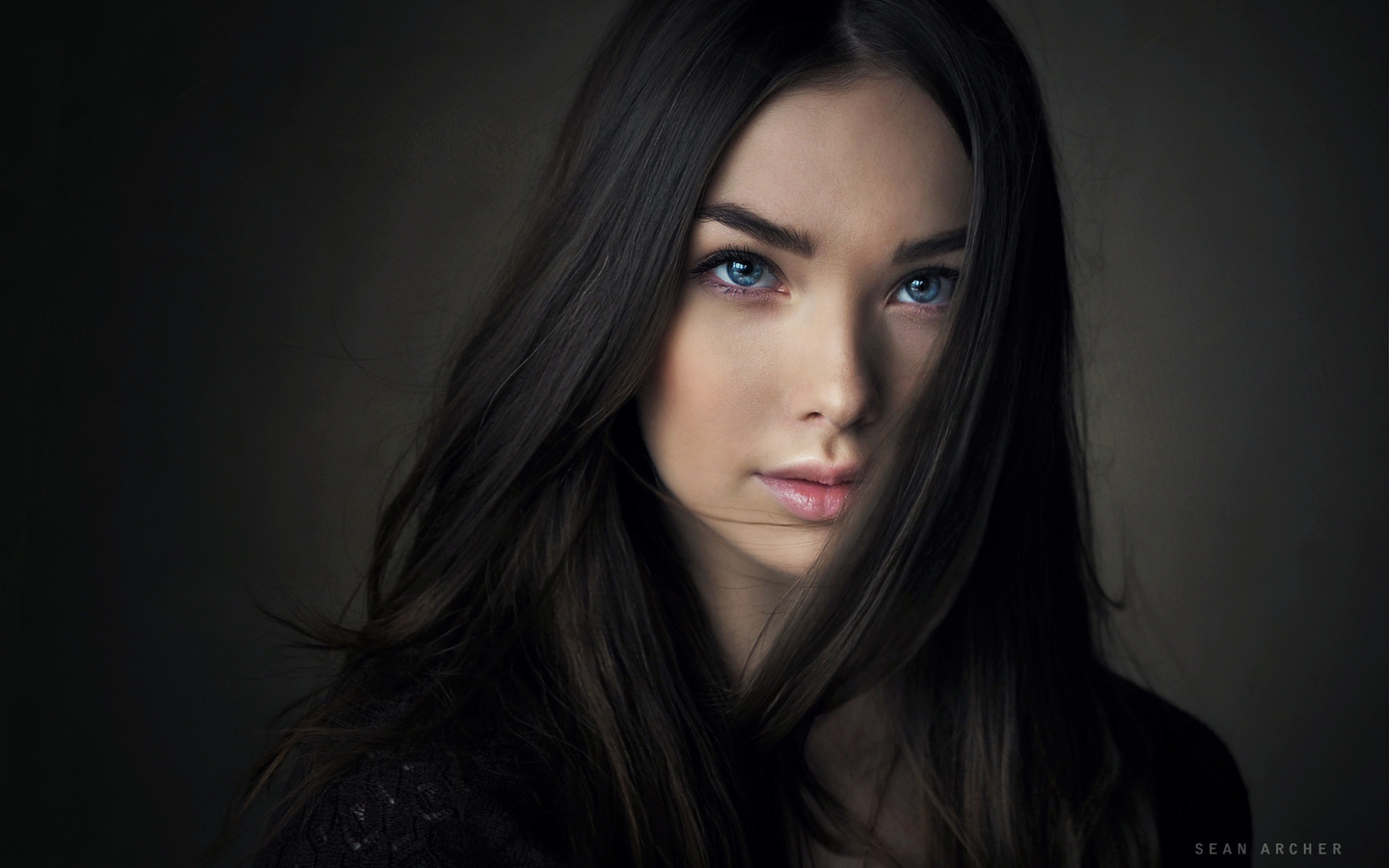 women, sean archer, blue eyes, portrait, simple background