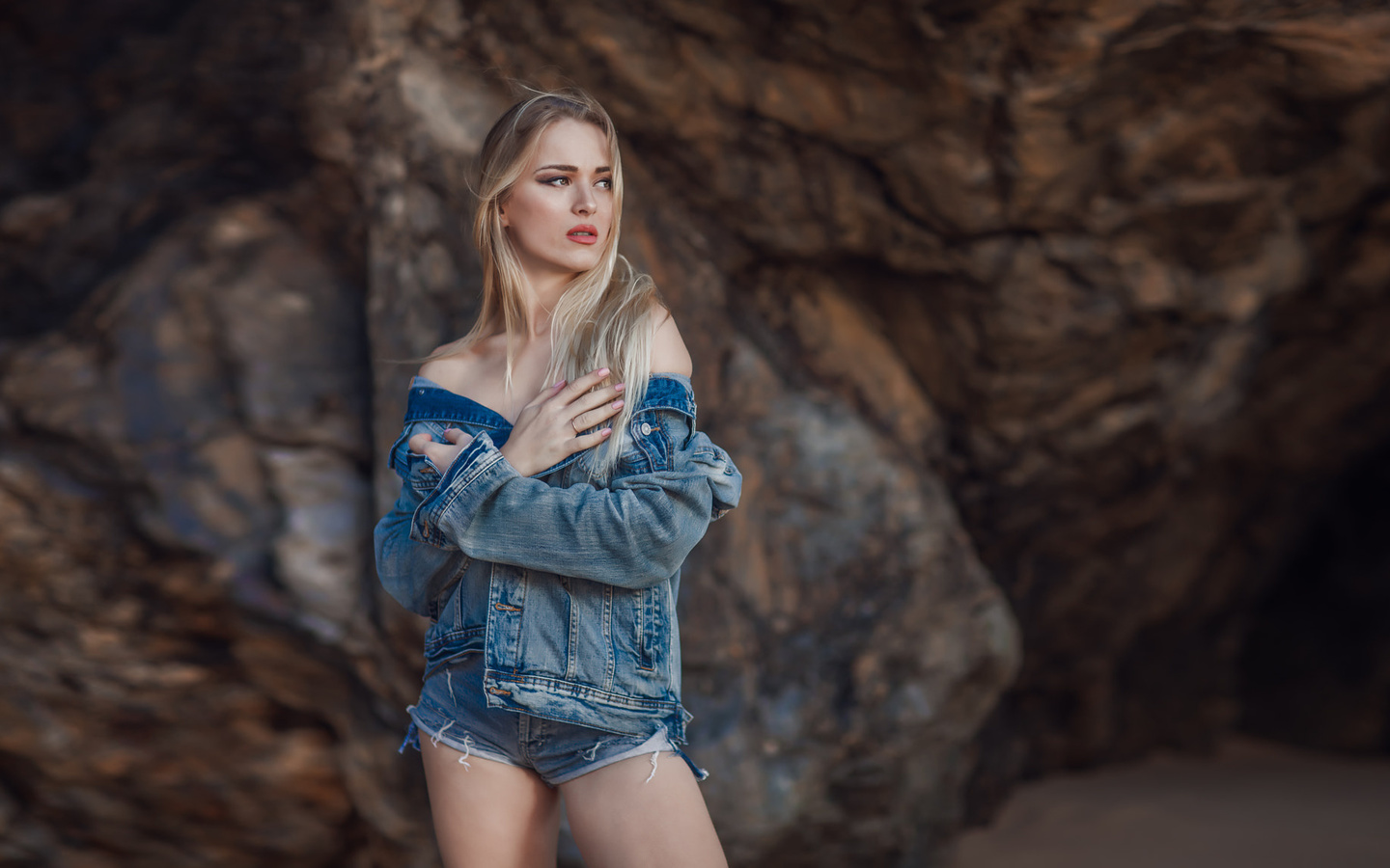 women, blonde, jean shorts, portrait, denim, looking away