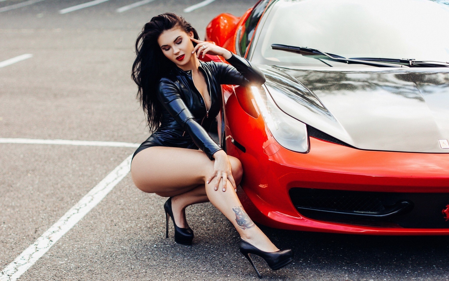 women, squatting, ass, tanned, high heels, red lipstick, black latex, tattoo, car, women outdoors, , latex, ferrari