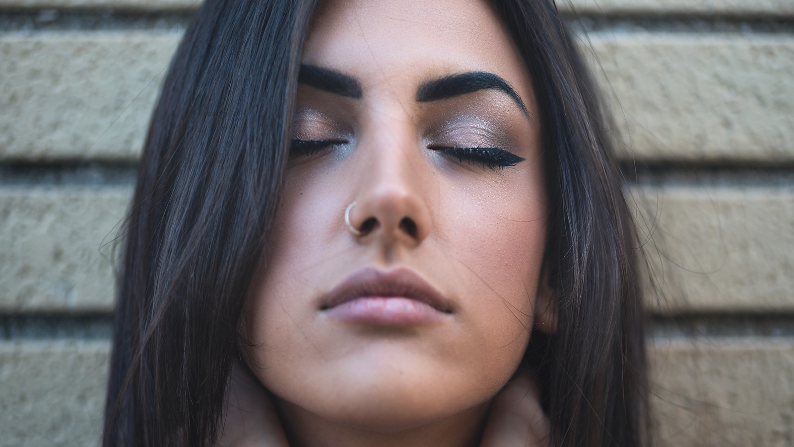 women, face, portrait, nose rings, closed eyes, eyeliner