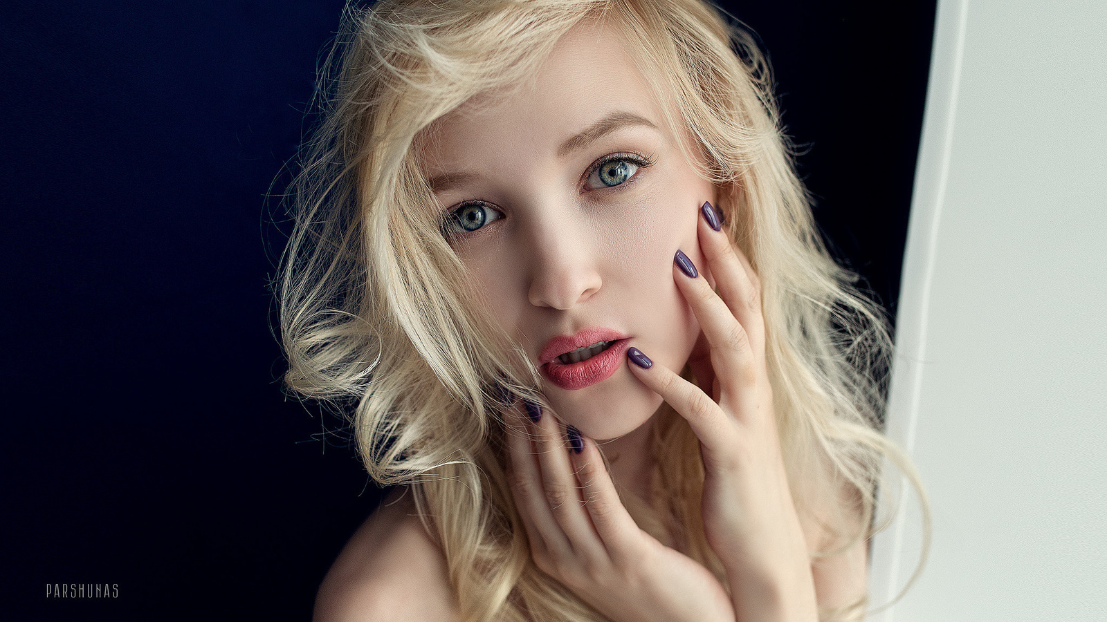 women, blonde, portrait, face, painted nails