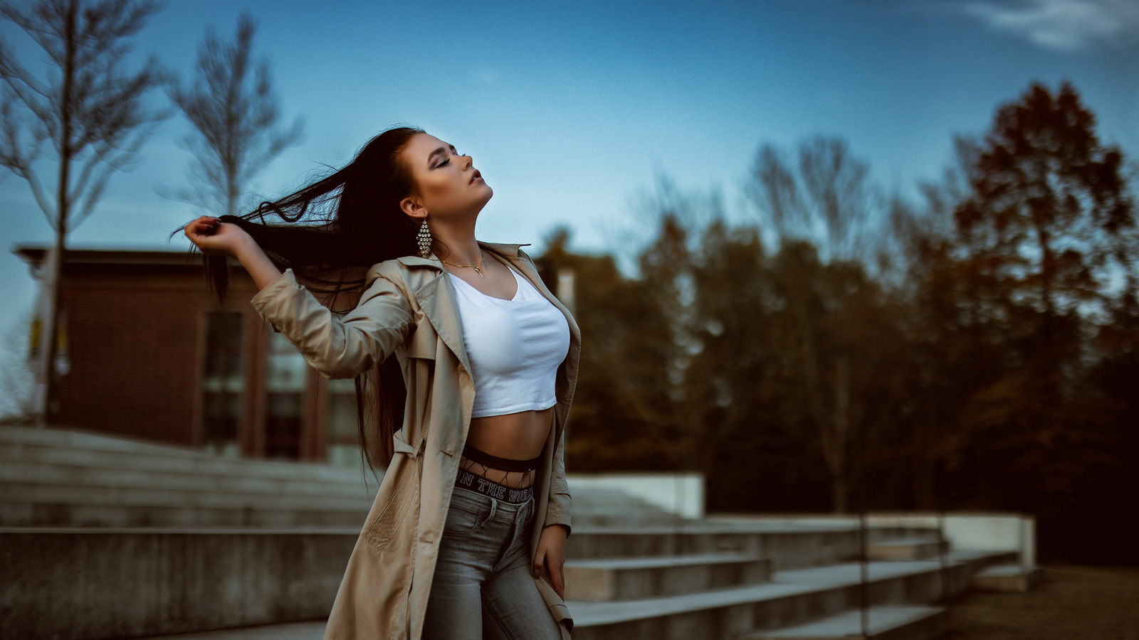 women, tanned, closed eyes, jeans, fishnet stockings, necklace, depth of field, women outdoors