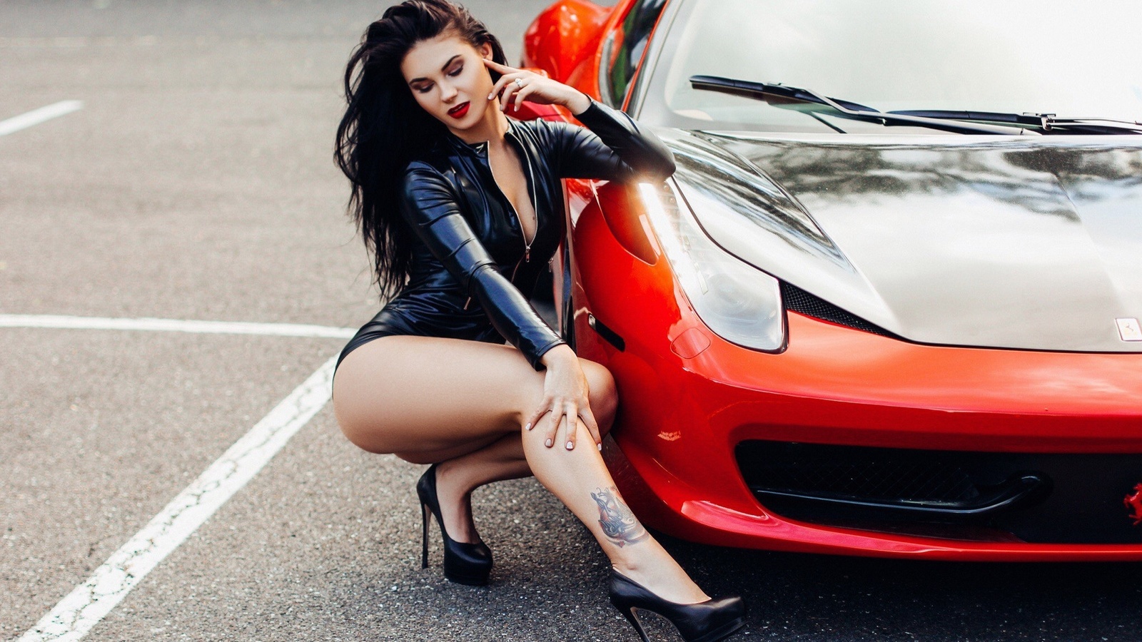 women, squatting, ass, tanned, high heels, red lipstick, black latex, tattoo, car, women outdoors, , latex, ferrari