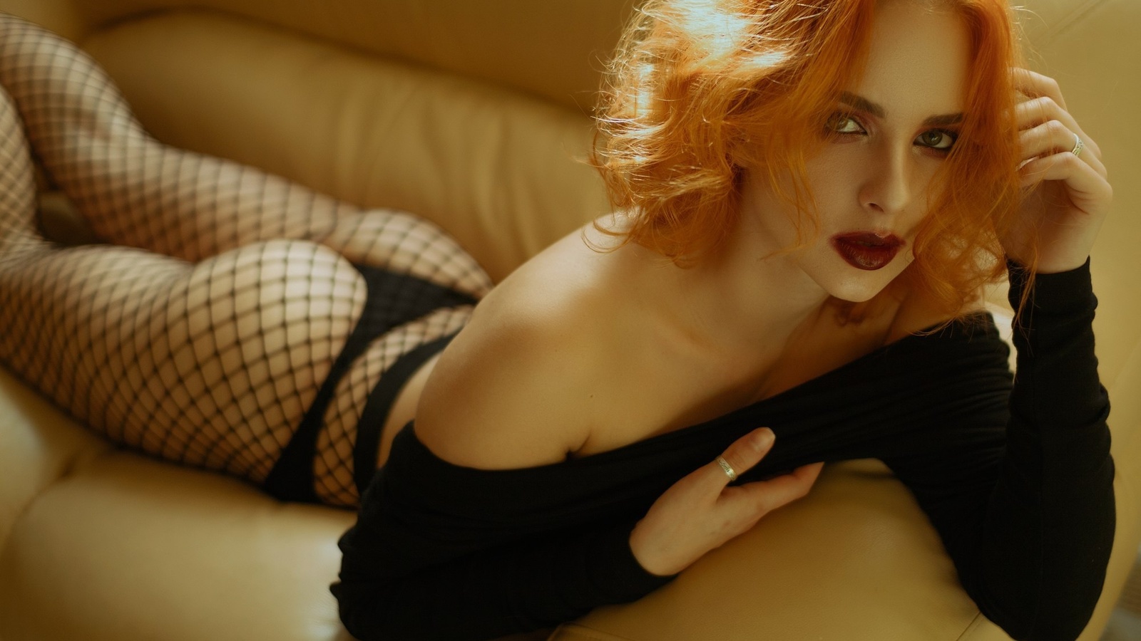 women, redhead, red lipstick, couch, ass, lying on front, black panties, fishnet stockings, brunette, depth of field, 