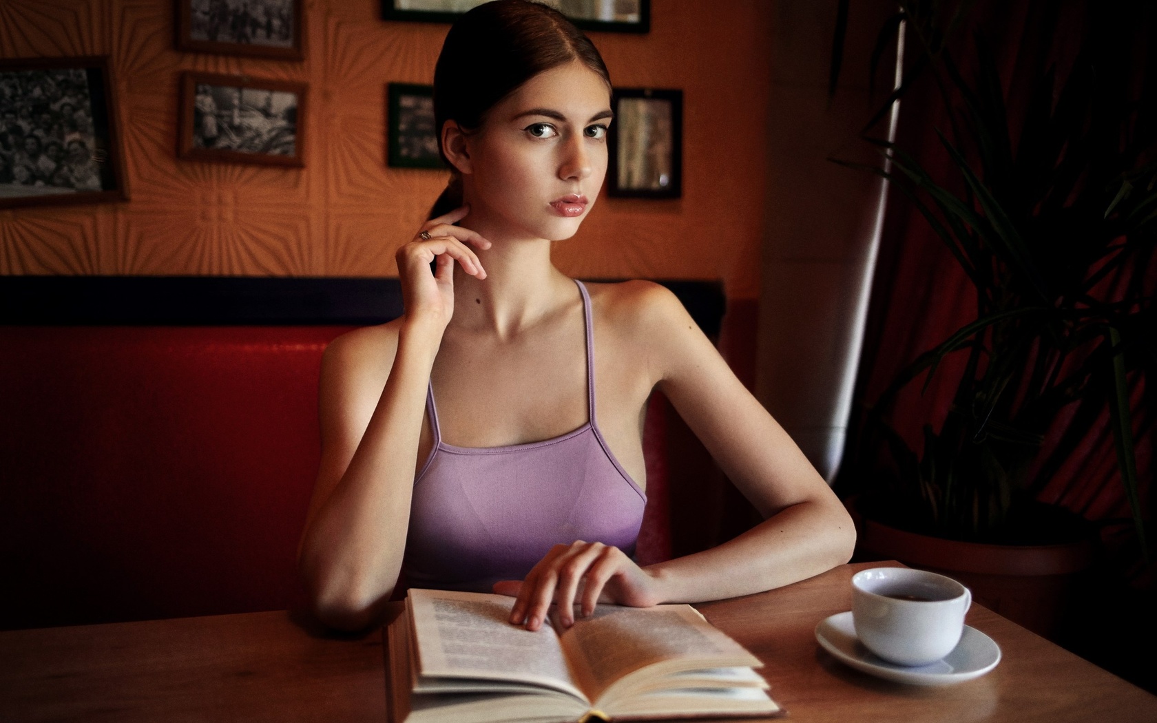 women, portrait, sitting, table, cup, books, , 