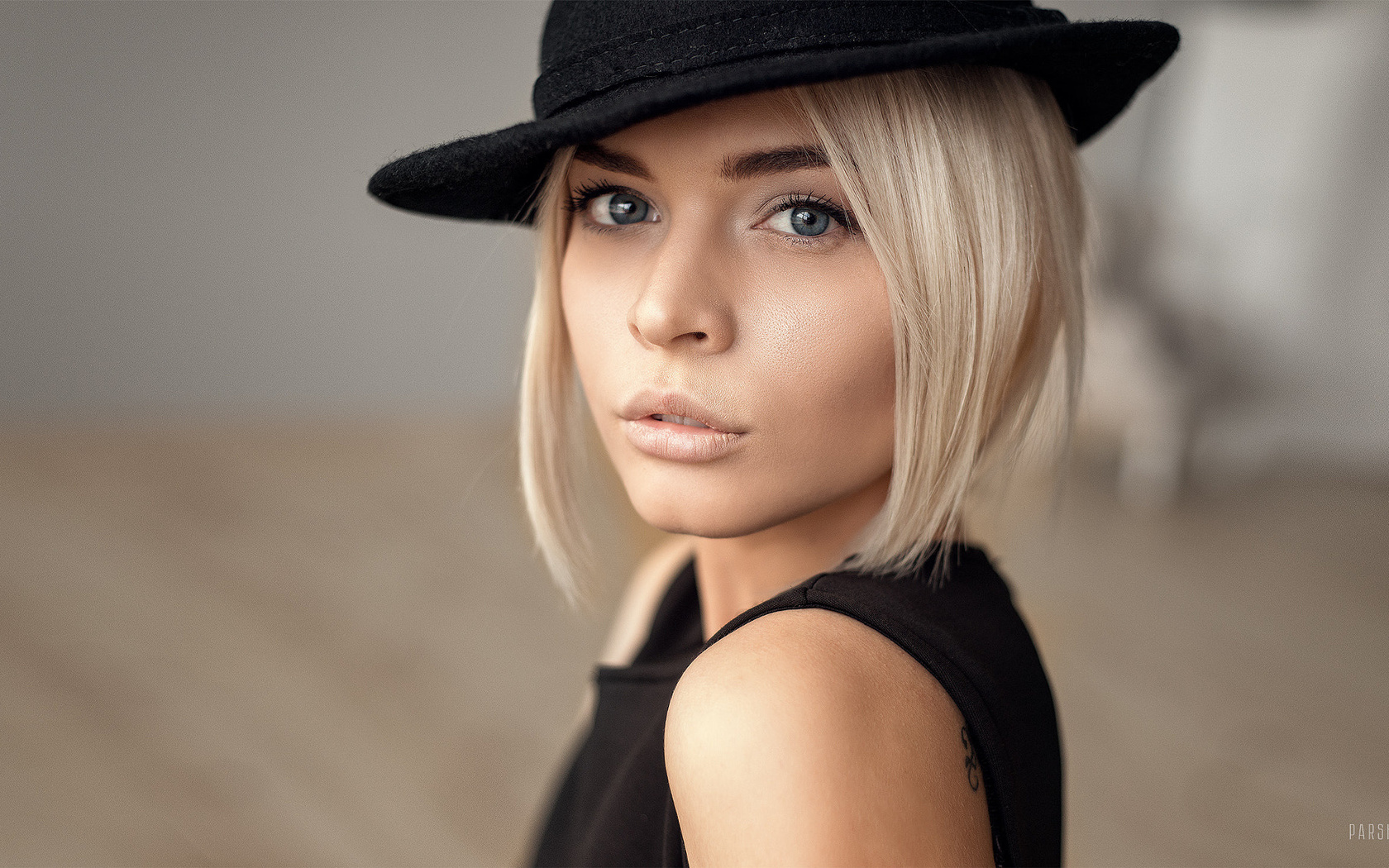 women, blonde, hat, tattoo, face, portrait