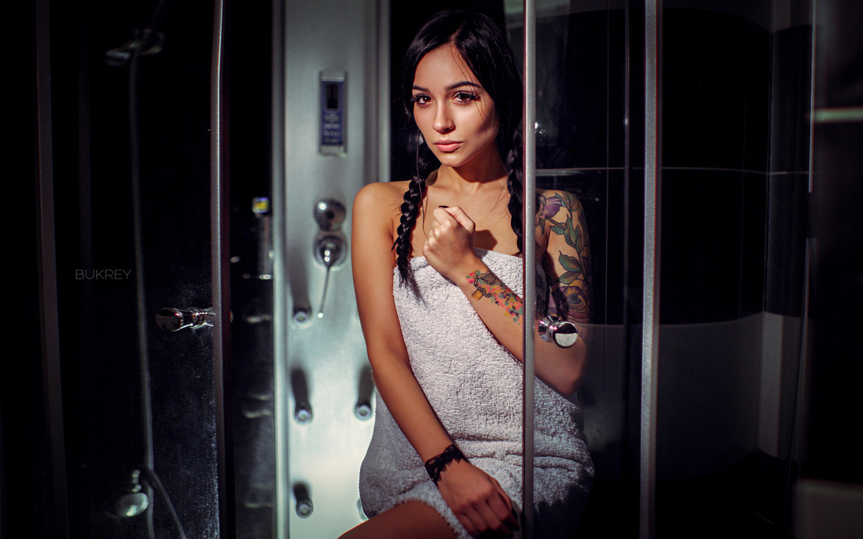 women, tattoo, pigtails, portrait, shower, towel