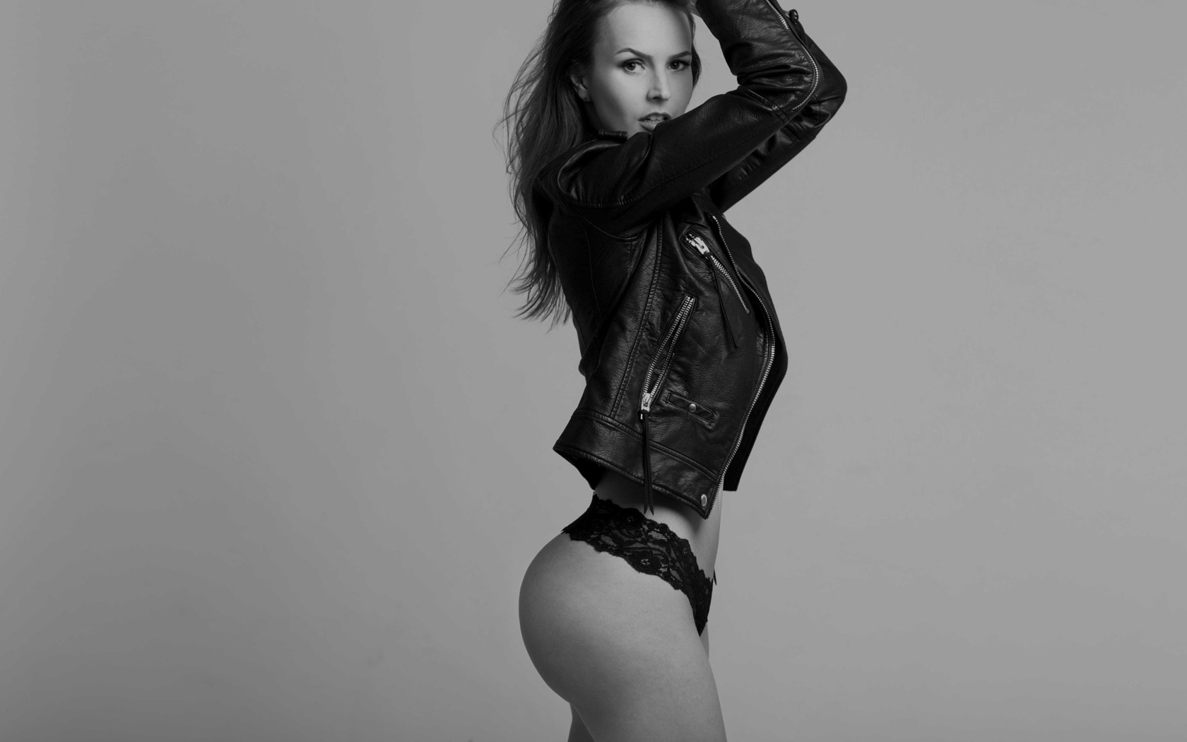 women, monochrome, ass, leather jackets, portrait, black panties