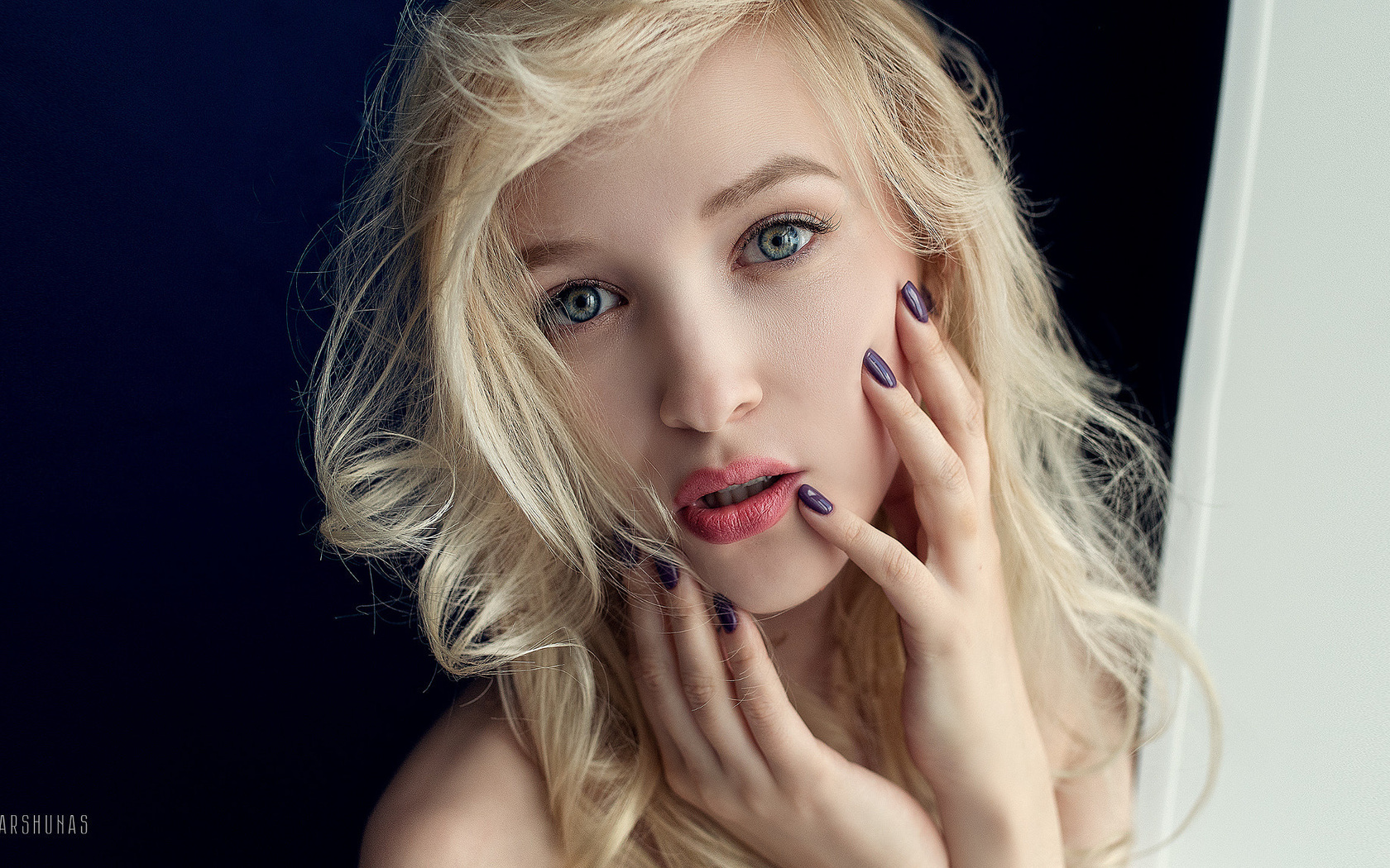 women, blonde, portrait, face, painted nails