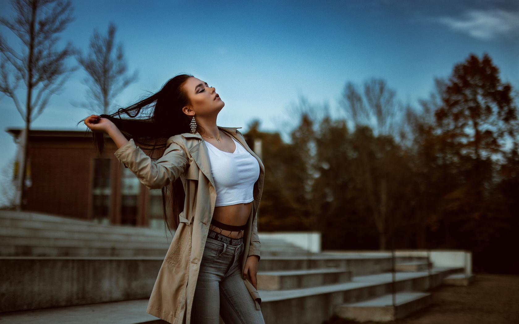 women, tanned, closed eyes, jeans, fishnet stockings, necklace, depth of field, women outdoors