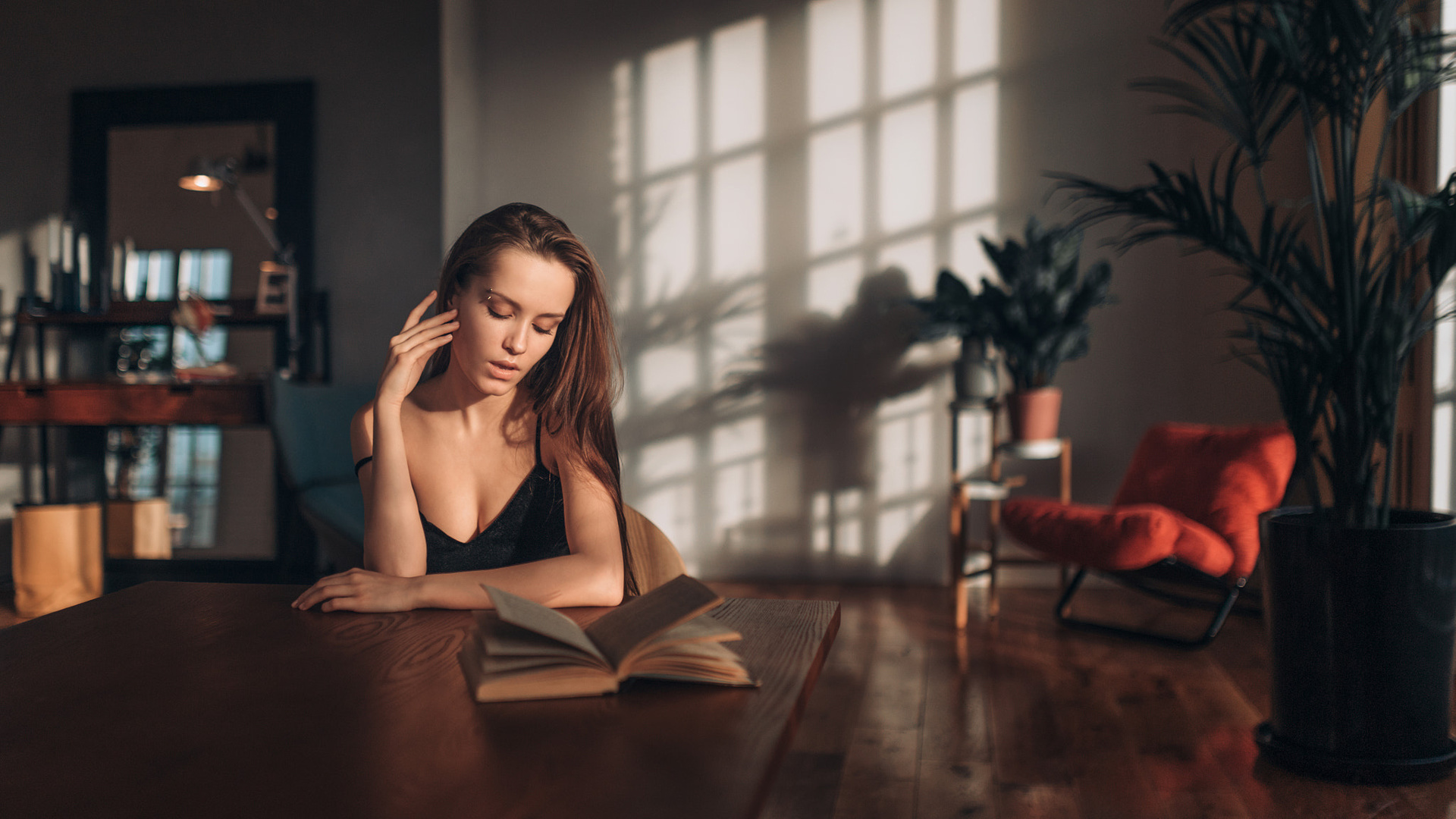 women, fenix raya, portrait, books, piercing, depth of field, table, chair, sitting, mirror, , phoenix21rus