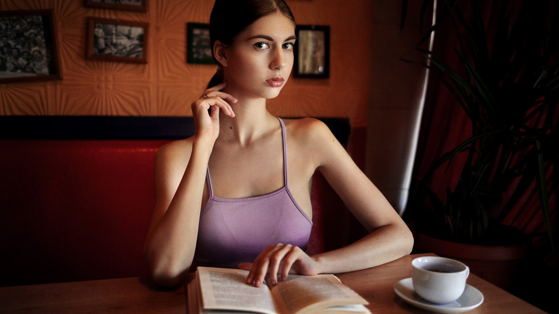 women, portrait, sitting, table, cup, books, , 